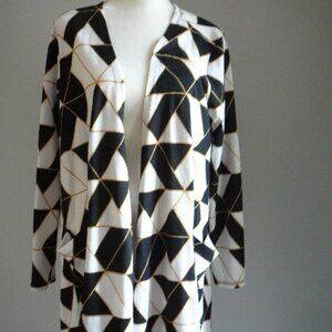 LulaRoe Simply Comfortable White Black Gold Geometric Open Front Sweater-Size S